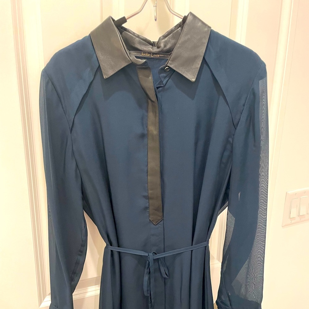 Navy chiffon shirt dress with black leather accents